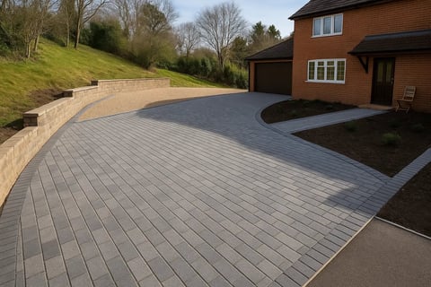 Newly installed gray paved driveway with curved design in front of brick house on hillside
