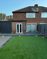 Modern brick house with patio