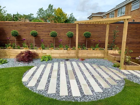Modern backyard garden with curved concrete stepping stones on gravel, wooden slatted fence, raised planters, and green lawn bordered by landscaping.