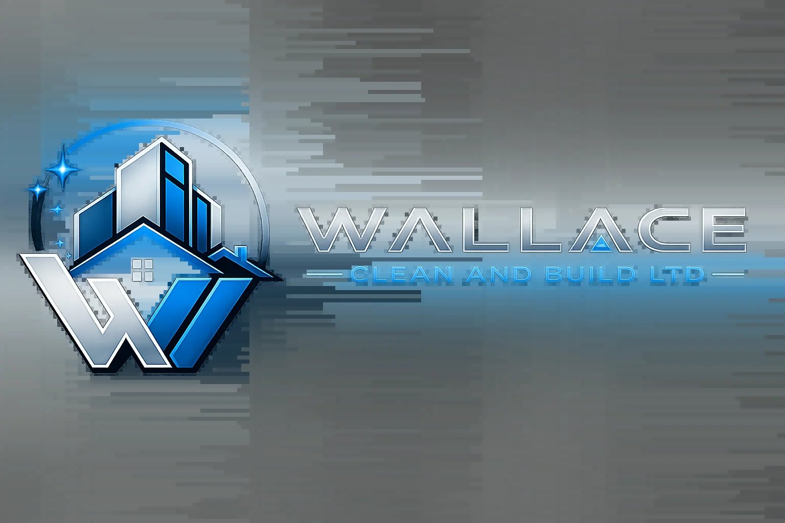 Wallace Clean and Build Ltd logo featuring blue and white geometric building design on dark textured background
