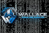 Wallace Clean and Build Ltd logo featuring blue and white geometric building design on dark textured background