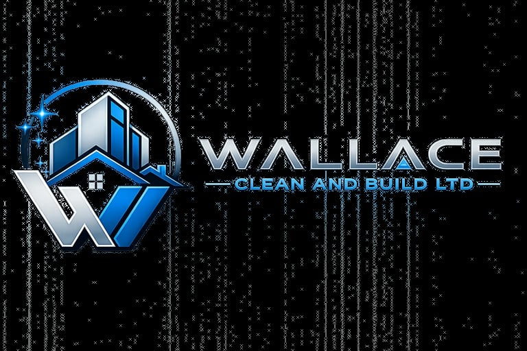 Wallace Clean and Build Ltd logo featuring blue and white geometric building design on dark textured background